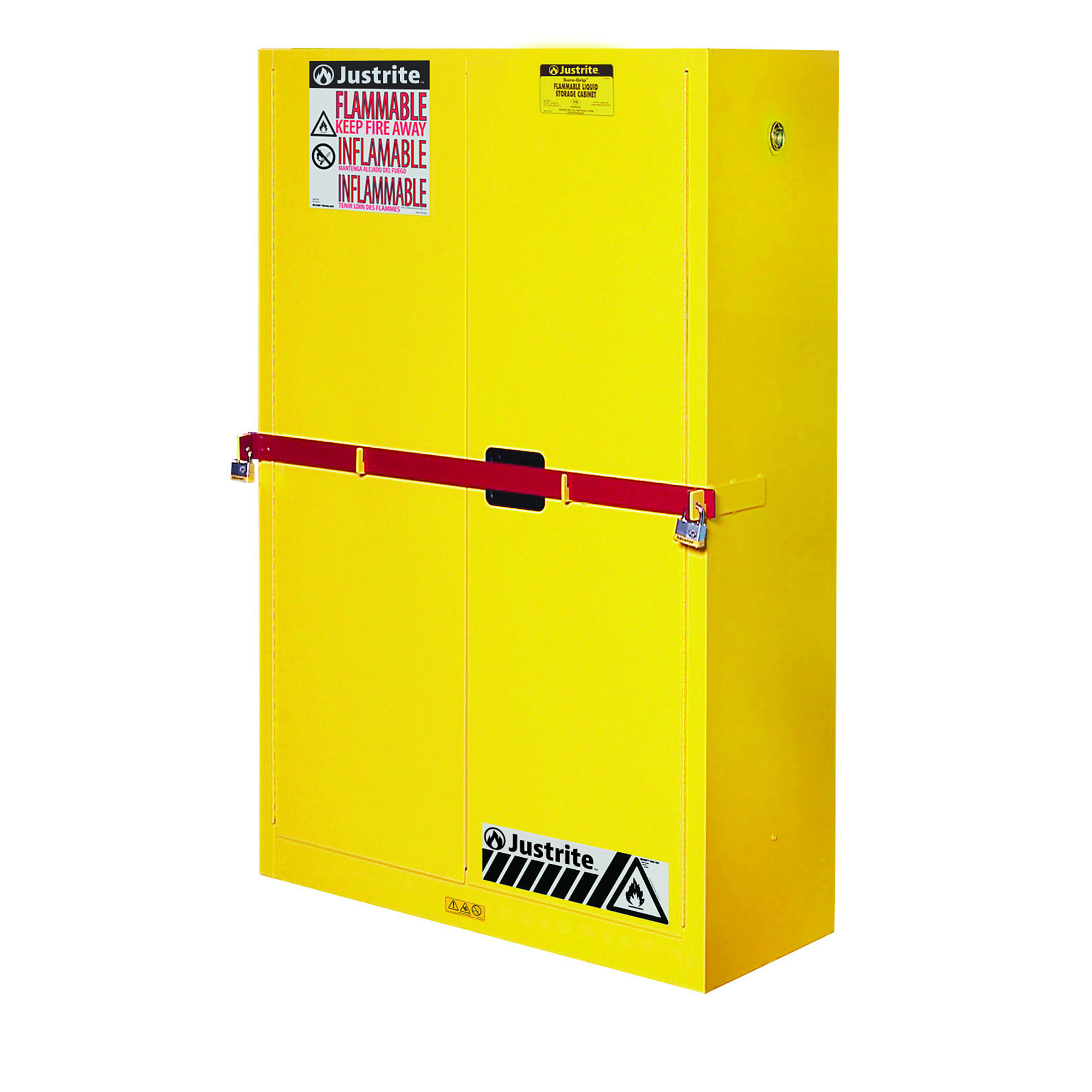 Justrite Flammable Cabinet — 45 Gallon, 2 Shelves, 2 Doors, Manual Close, High Security, Yellow, Model# 29884Y